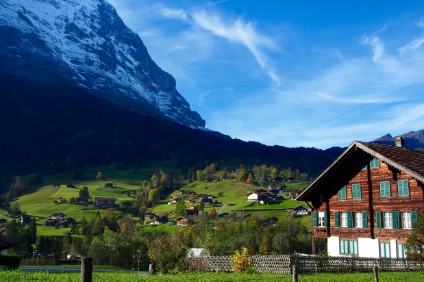 The Eiger's North Face and Grindelwald's chalets below